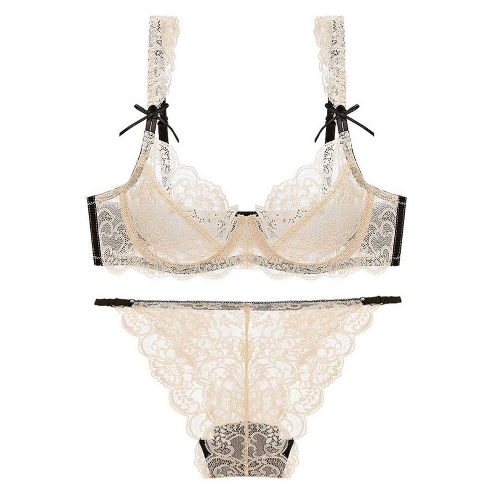 (42D, Yellow) Women's Floral Lace Bra and Panty Set Sexy Underwire Ultra-Thin Bra Set Transparent Lingerie Set-image-OPC-PGH2HQK-NEW