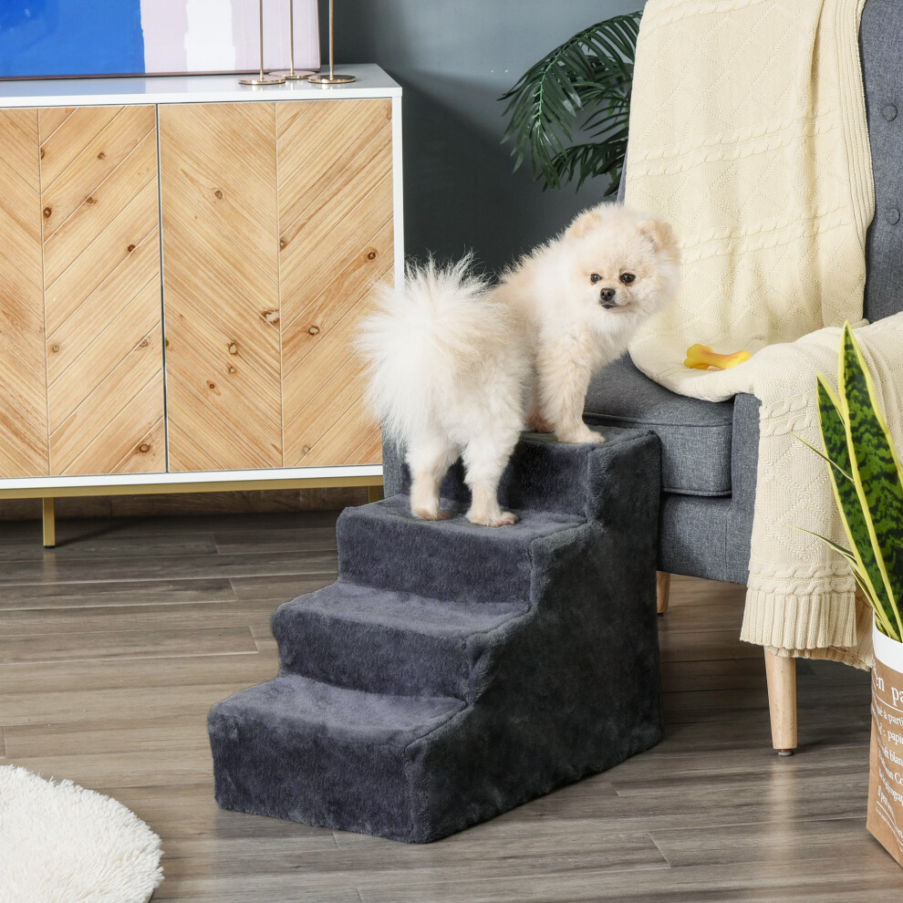 Pawhut Four-Step Portable Dog Stairs With Washable Plush Cover, Dark/Grey