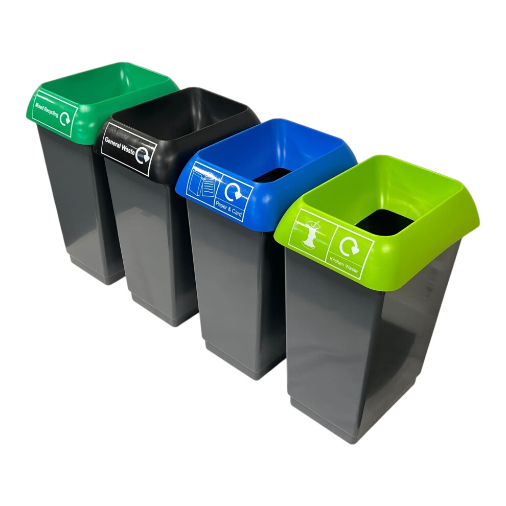 Set of 4, 50 Litre Recycling Bin with Lid & Stickers Included