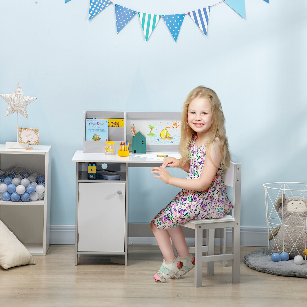 Homcom Two-Piece Childrens Table And Chair Set W/ Whiteboard Storage - Grey