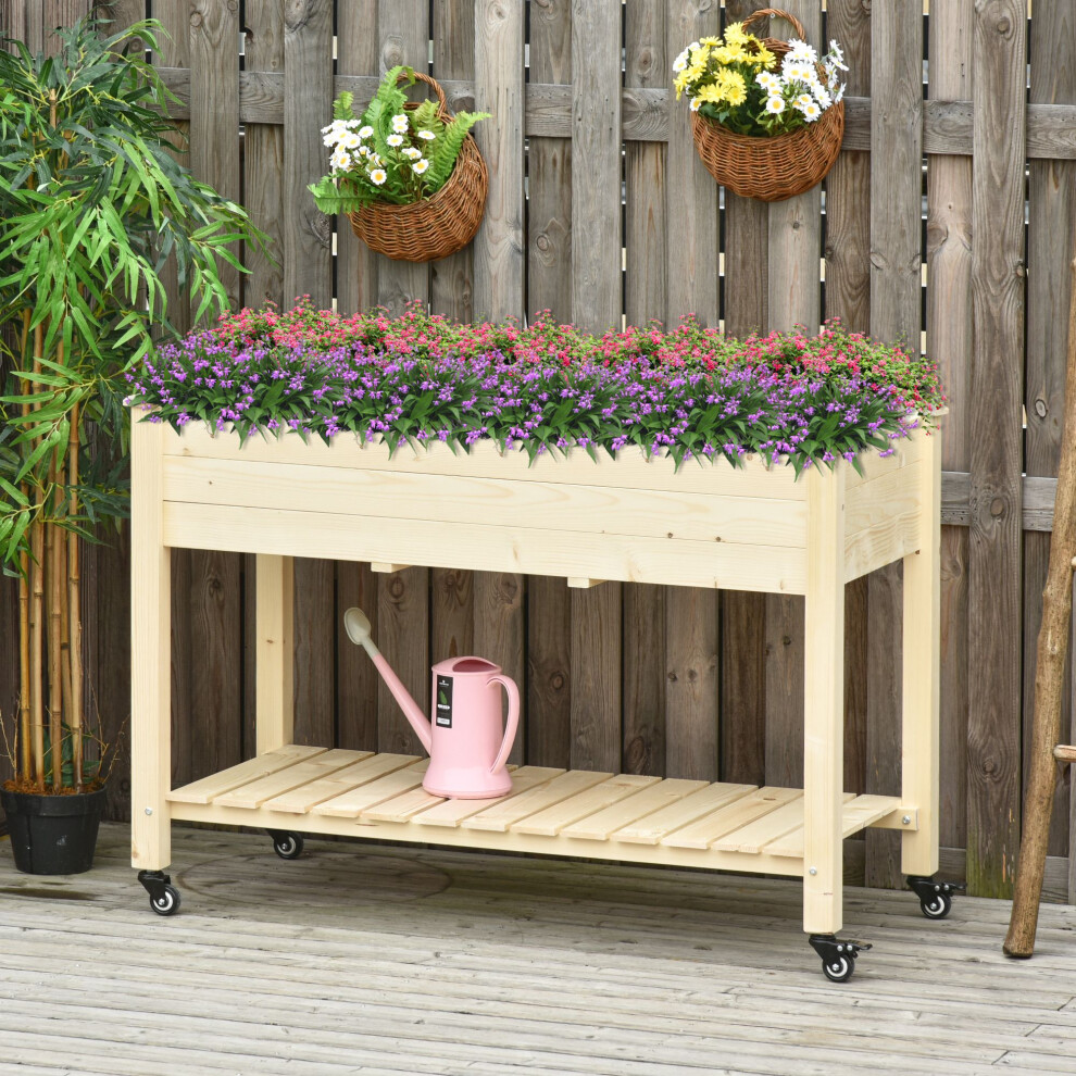 Outsunny Raised Garden Bed on Wheels Mobile Planter Box with Bed Liner, Natural