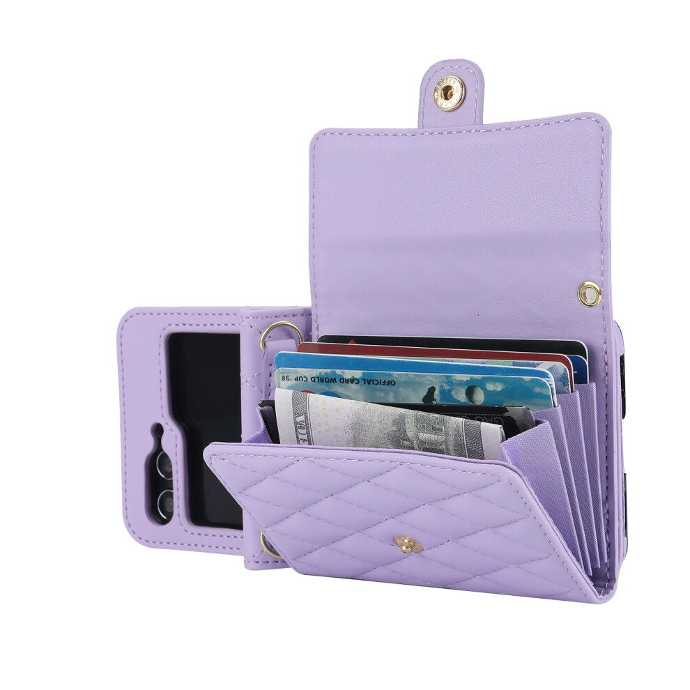 (PURPLE, Case & Strap) Crossbody Bag Fashion Leather Case For Samsung Galaxy Z Flip 6 5 4 3 Flip3 Flip5 Flip4 Flip6 5G Long Lanyard Wallet Card Cover