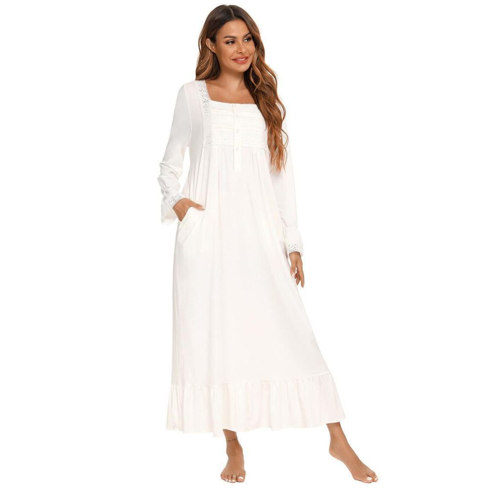 (white, M) Women&apos;s Victorian Nightdress Cotton Knit Soft Long Sleeve Henley Vintage Nightgown Lounge Nightshirt Lace Trim Sleep Shirt Maternity Nursing Nigh