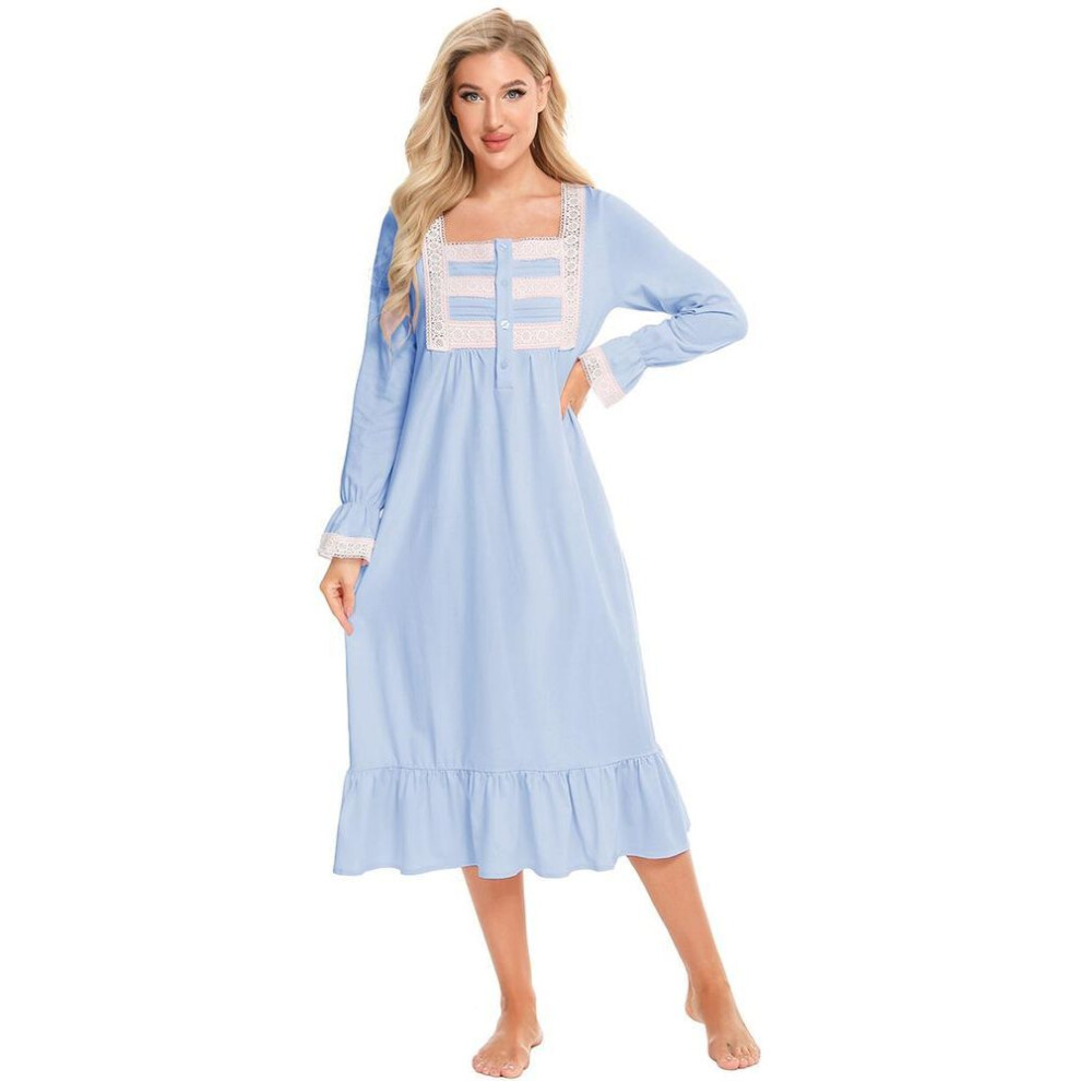 (light blue, M) Women&apos;s Victorian Nightdress Cotton Knit Soft Long Sleeve Henley Vintage Nightgown Lounge Nightshirt Lace Trim Sleep Shirt Maternity Nursing Nigh