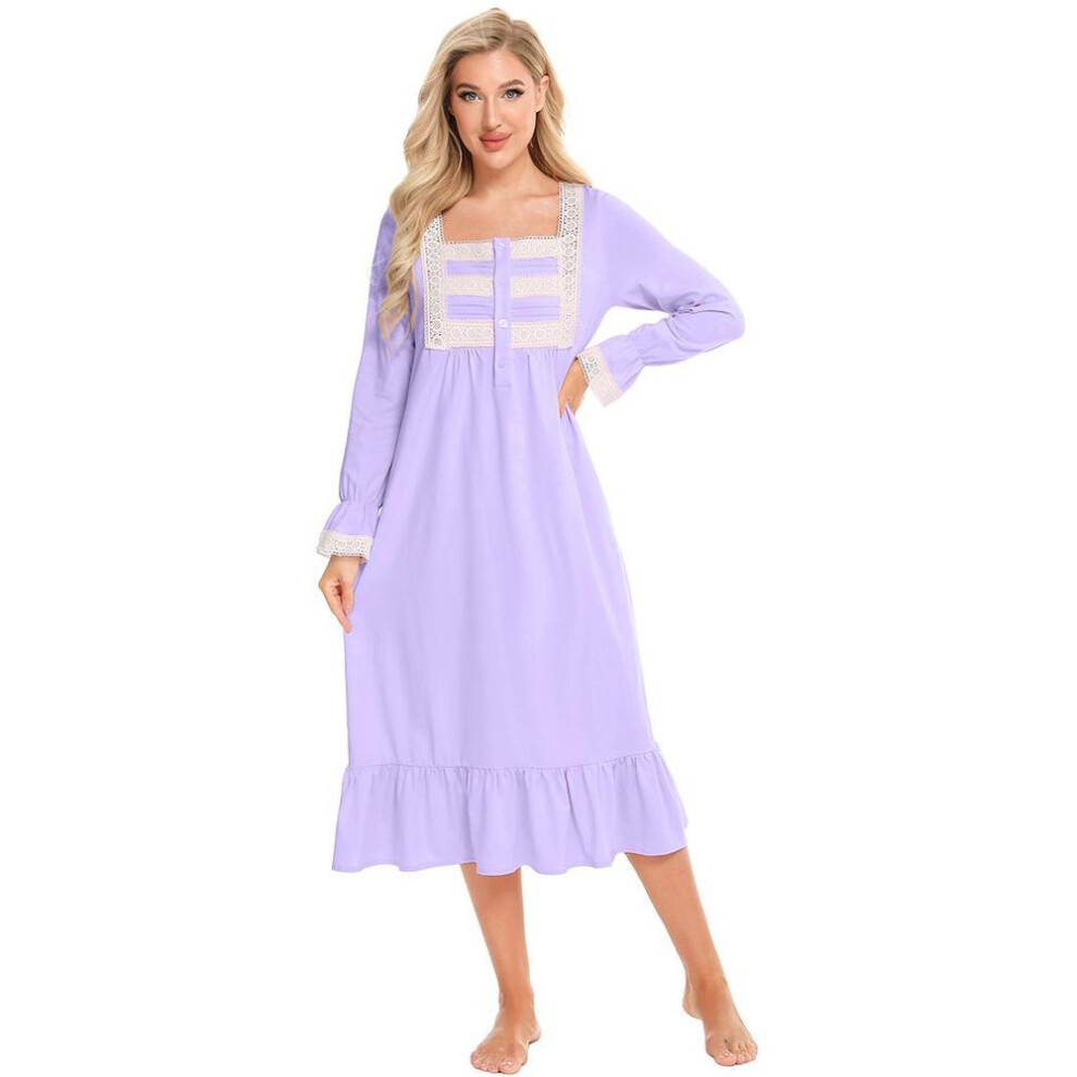 (light purple, M) Women's Victorian Nightdress Cotton Knit Soft Long Sleeve Henley Vintage Nightgown Lounge Nightshirt Lace Trim Sleep Shirt Maternity Nursing Nightie