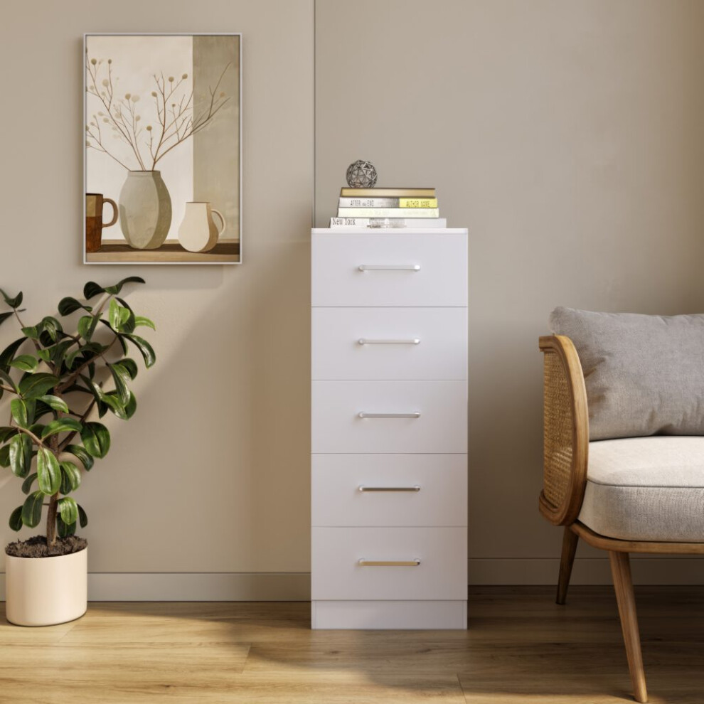 Dakota 5 Drawer Narrow Chest of Drawers White