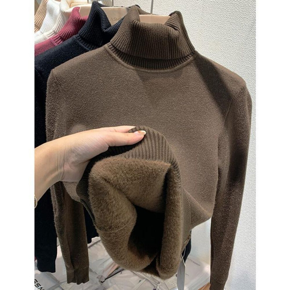 (dark brown, One Size) Autumn Long Sleeve Plush Warm Pullover Sweater Women Winter Thick Turtleneck Base Women's Knitted Sweaters Female Elegant Solid Fashion Knitwear 24869