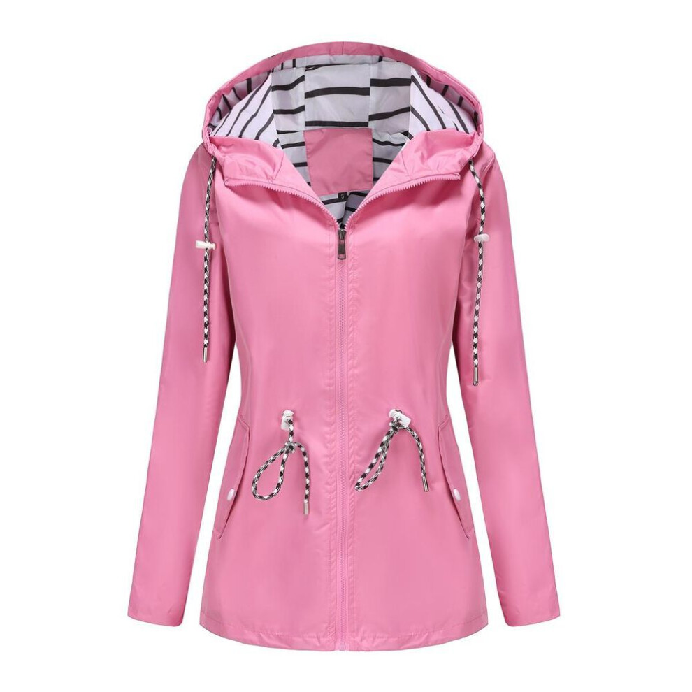 (pink, 4XL) Women's Hooded Windcheaters Stripe Drawstring Water repellent Windbreaker Long Sleeves Oversized Loosed Raincoat Mid Length Zipper Windproof Jacket