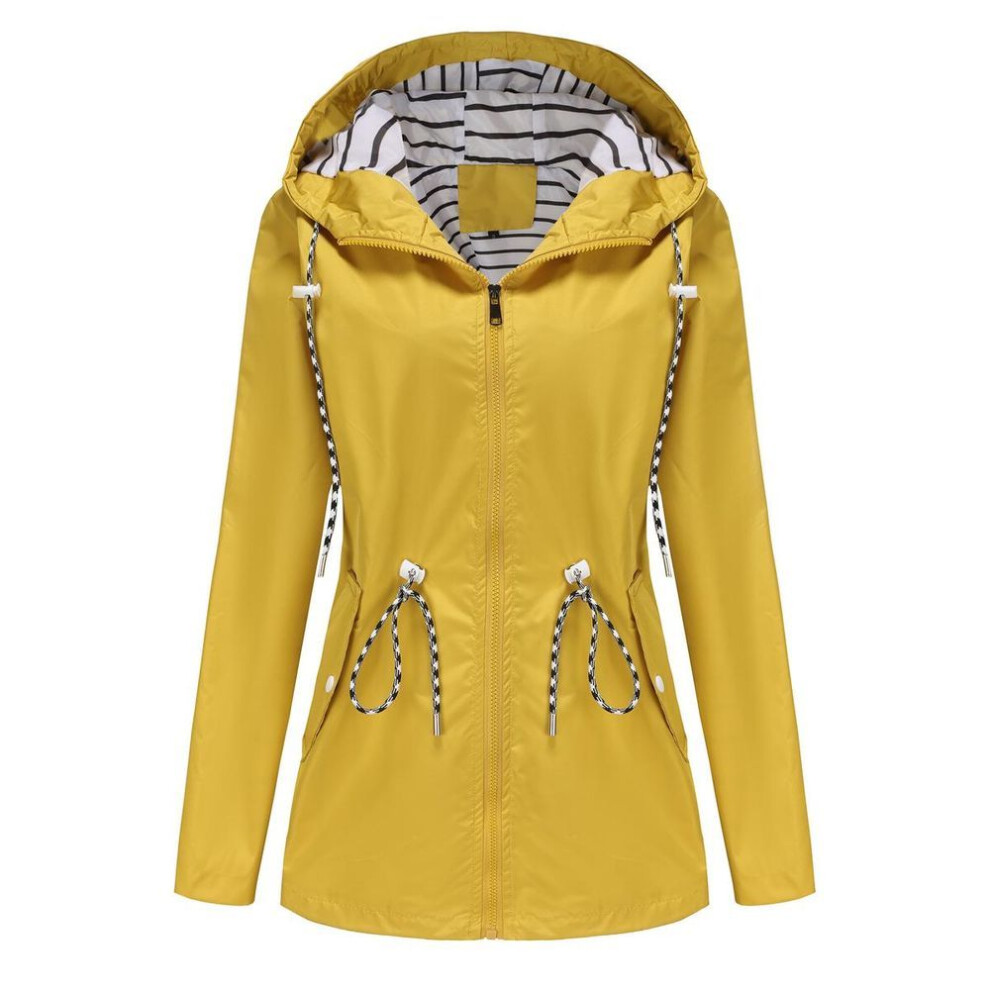 (yellow, XL) Women's Hooded Windcheaters Stripe Drawstring Water repellent Windbreaker Long Sleeves Oversized Loosed Raincoat Mid Length Zipper Windproof Jacket