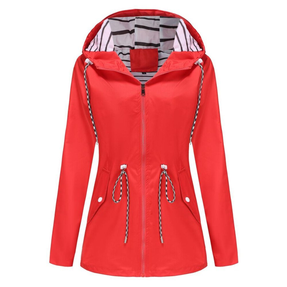 (red, 2XL) Women's Hooded Windcheaters Stripe Drawstring Water repellent Windbreaker Long Sleeves Oversized Loosed Raincoat Mid Length Zipper Windproof Jacket