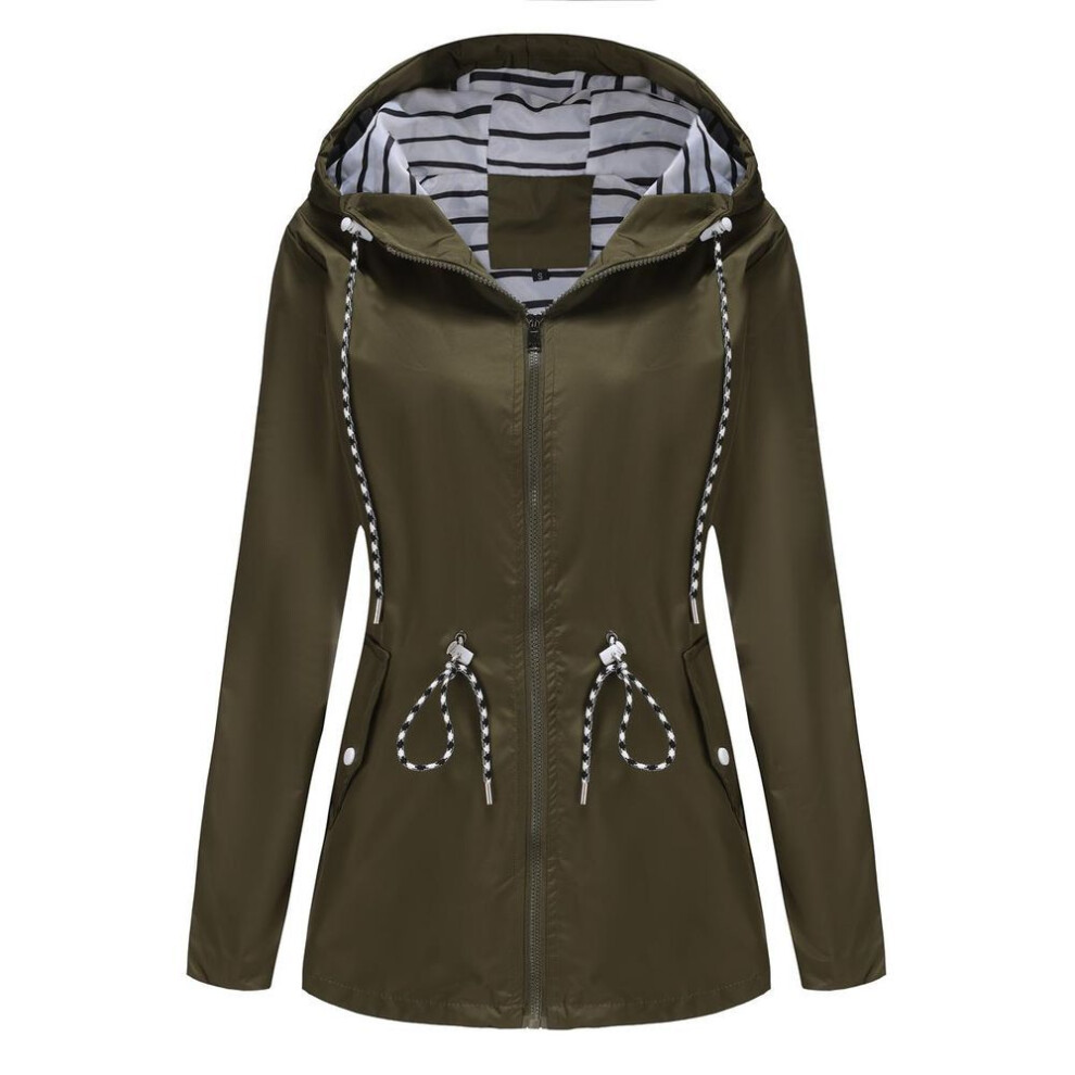 (green, M) Women's Hooded Windcheaters Stripe Drawstring Water repellent Windbreaker Long Sleeves Oversized Loosed Raincoat Mid Length Zipper Windproof Jacket