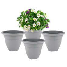 4 Small Grey Round Plant Pot 20cm Plastic Bell Planter Flower Pot