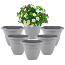 6 Small Grey Round Plant Pot 20cm Plastic Bell Planter Flower Pot