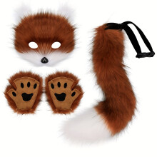 (Red Brown White, 3 Piece Set) 3pcs/set, Simulation Fox Mask Gloves Plush Fox Tail Set Handmade Beast Tail Cos Props Accessories Expansion Props