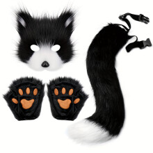 (Black And White, 3 Piece Set) 3pcs/set, Simulation Fox Mask Gloves Plush Fox Tail Set Handmade Beast Tail Cos Props Accessories Expansion Props