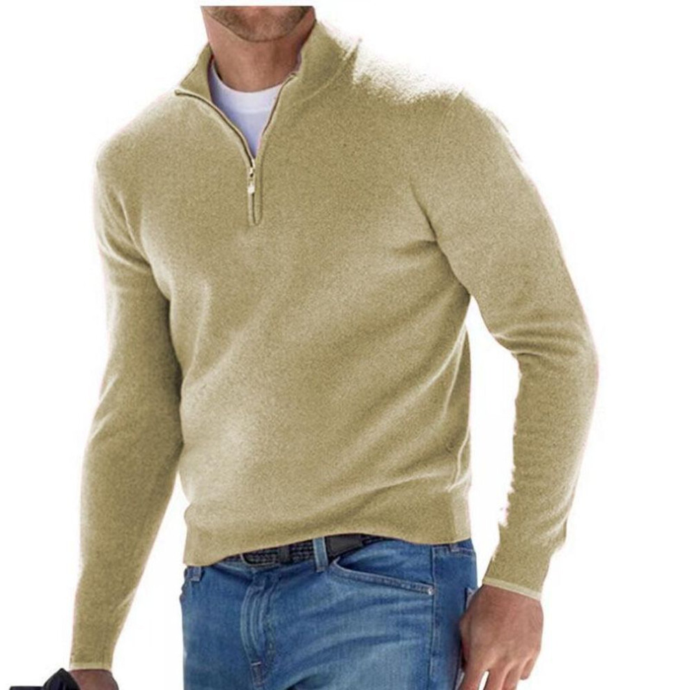 (apricot, XL) Men's Long Sleeve V-Neck Wool Plush Zipper Polo Shirt