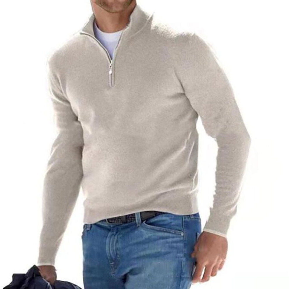 (cream, M) Men's Long Sleeve V-Neck Wool Plush Zipper Polo Shirt