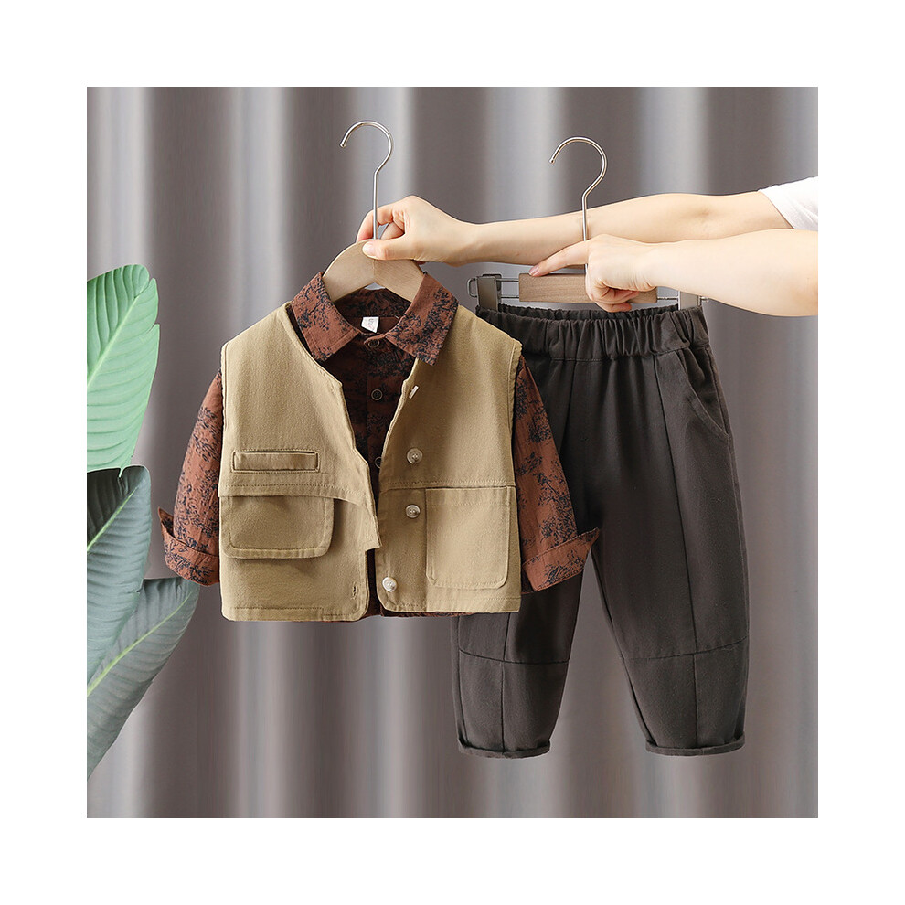 (Red Shirt Set, 100cm) Fashionable Boys Fall Attire Set Trendy Childrens Floral Shirt And Vest Three Piece Outfit For Young Boys Aged 8 To 3-image-OPC-PGH97YT-NEW