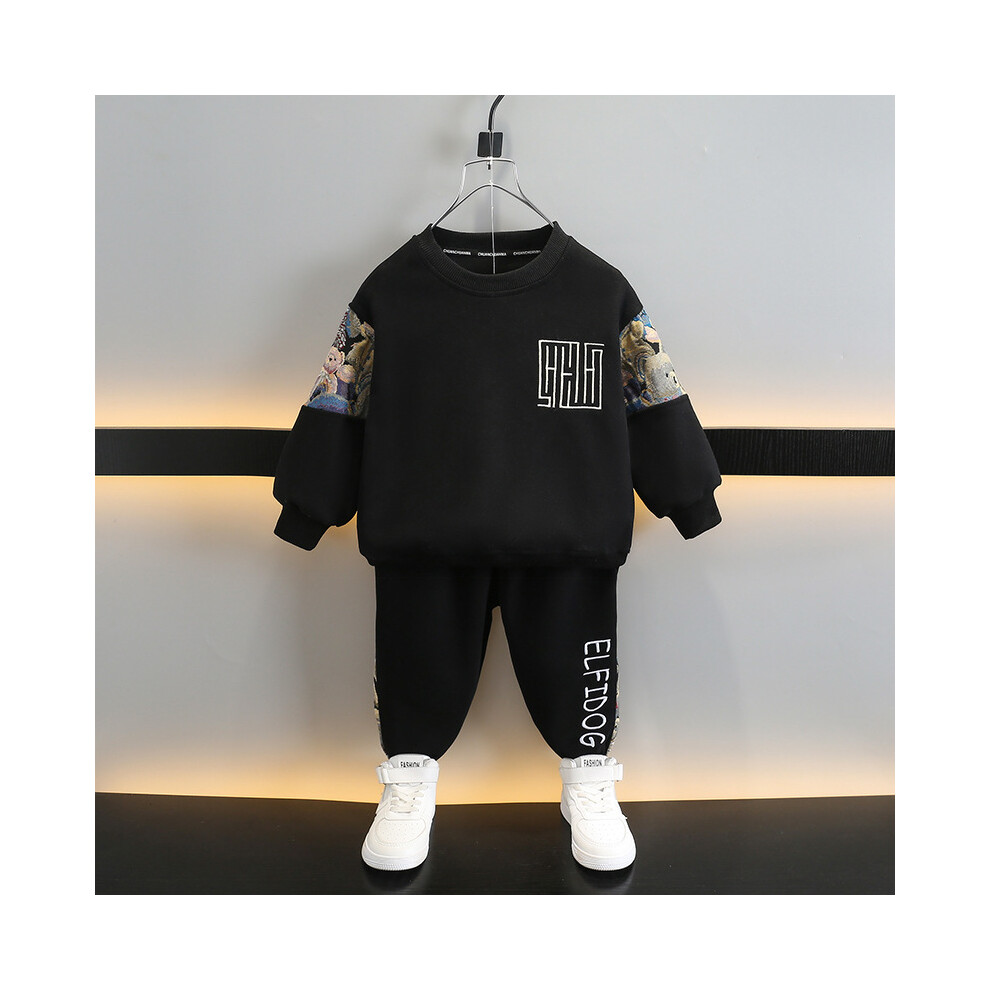 (Black, 150cm) Boys Spring Stylish Sweatshirt Pants Set Cozy Cotton Outfit For Kids Aged 8 3 To-image-OPC-PGH98BG-NEW