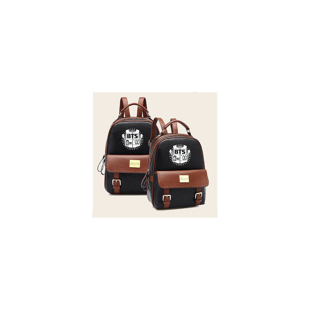 (Black) Korea Women Men Bts Backpack Pu Leather Schoolbag Zipper Shoulder Rucksack Bags