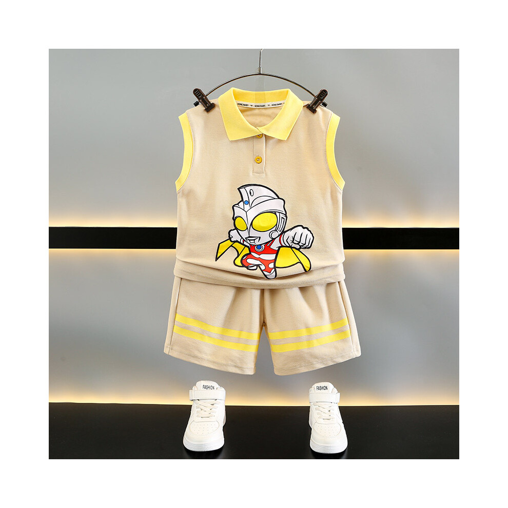 (Beige, 120cm) Summer Stylish Ultraman Clothing Set For Boys Lightweight Sleeveless Polo And Casual Shorts For Kids Aged 3 8 To-image-OPC-PGH995G-NEW