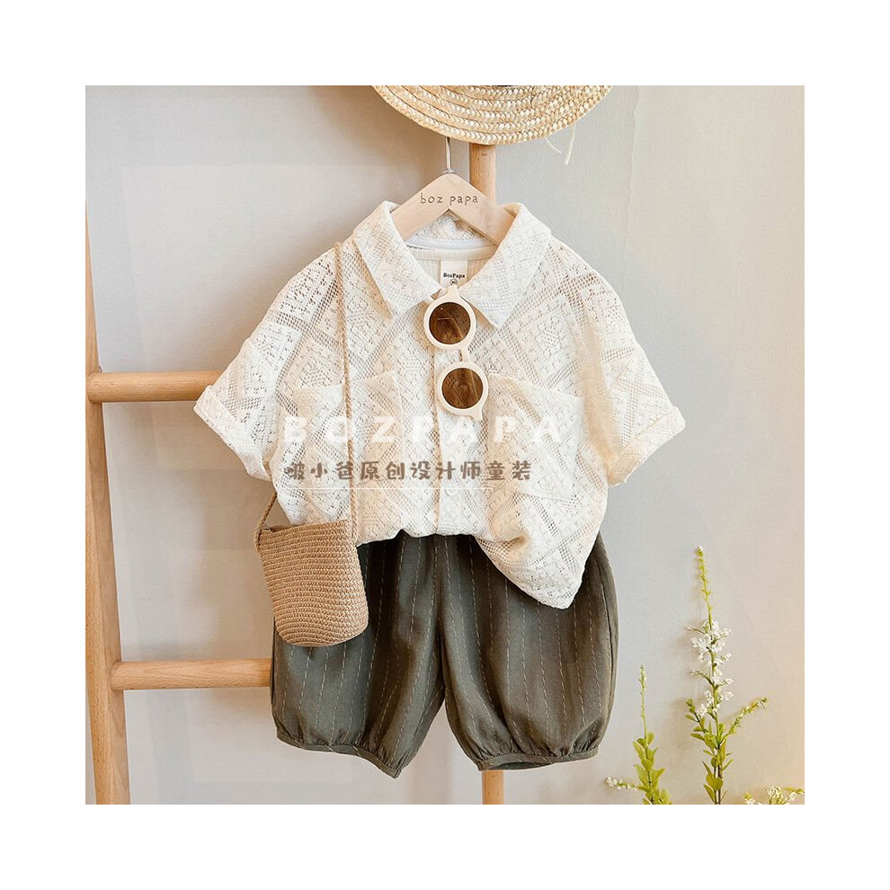 (White Top Green Pants, 120cm/47.24in) Design Contemporary Korean Boys Summer Outfit Featuring Soft Cotton Short Sleeve Shirt And Easygoing Green For-image-OPC-PGH9BQT-NEW