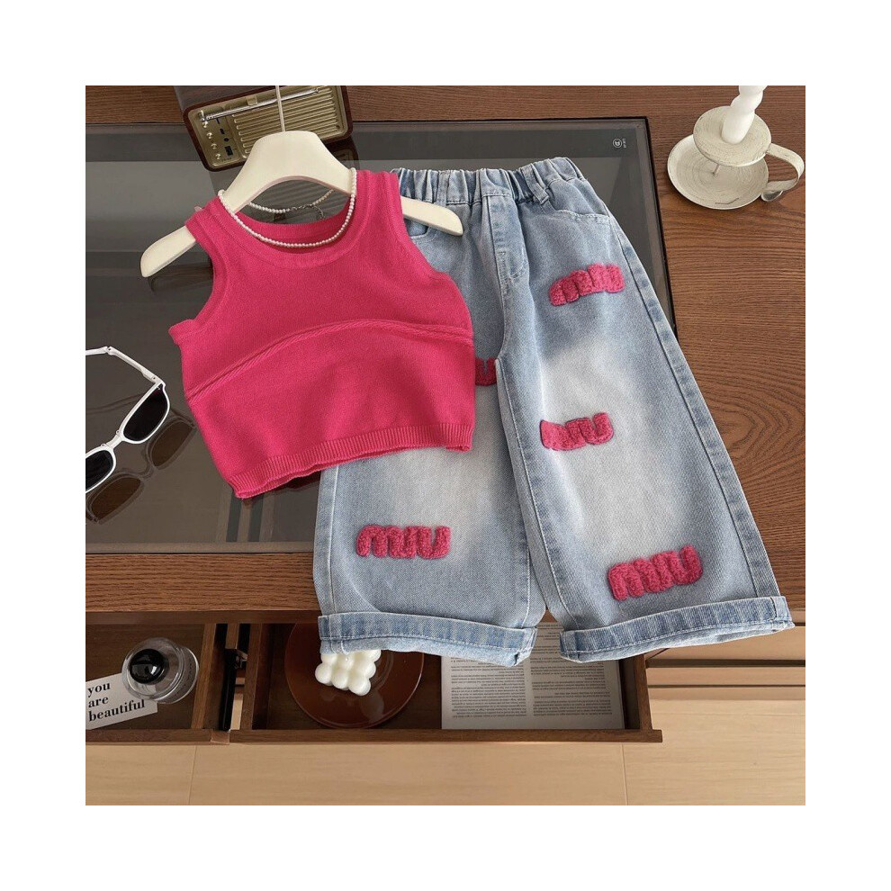 (Vest Pants, 110cm/43.31in) Charming Set Summer For Girls With Stylish Knitted Sleeveless Top And Jeans Trendy-image-OPC-PGH9GFQ-NEW