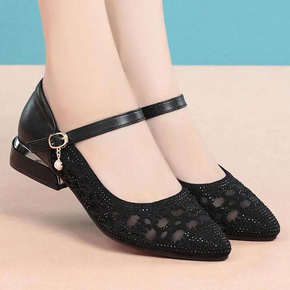 (black, 41) Wtempo Women&apos;s Low Heeled Sandals Soft Leather Mesh Hollowed Out Comfortable And Versatile Fashionable Rhinestone Pearl Buckle Soft Sole Single S