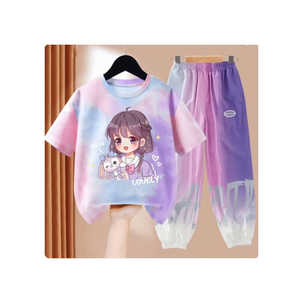 (PinkMother Gradients, 120cm/47.24in) Outfit Summer Delightful For Girls Including Cartoon Tshirt And Lightweight Pants Refreshing-image-OPC-PGH9T22-NEW