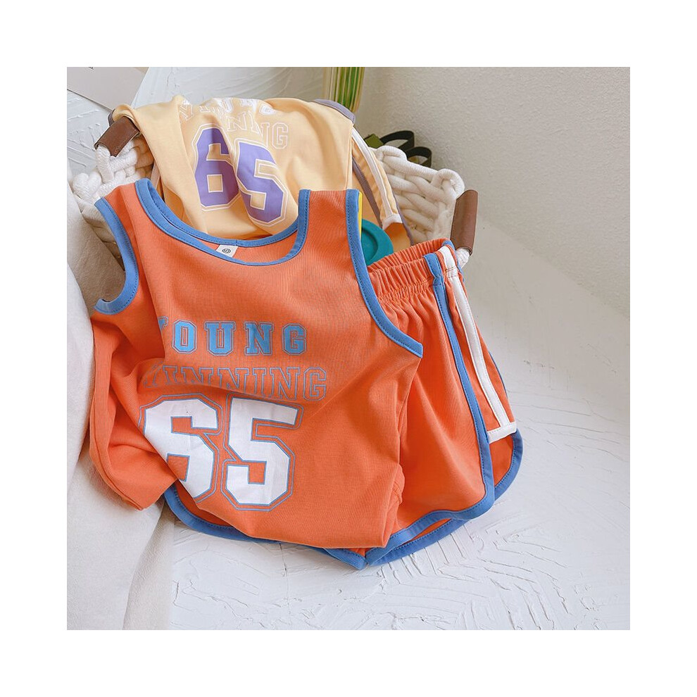 (Orange, 120cm/47.24in) Boys Highquality Breathable Summer Outfit Cotton Sleeveless Shirt Set And Shorts-image-OPC-PGH9TK2-NEW