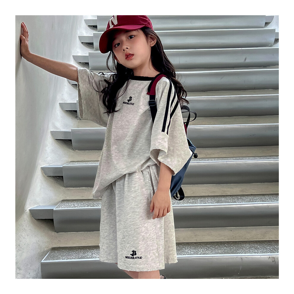 (Gray, 110cm) Fashionable Kids Summer Cotton Short Sleeve Ensemble With Eyecatching Embroidery And Worn Look Edges Suitable And For Boys-image-OPC-PGH9XW2-NEW