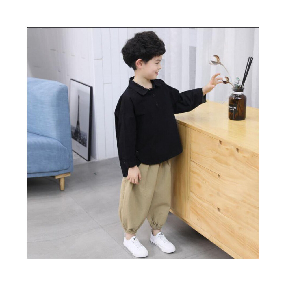 (Black Set, 110) Boys Modern Stylish Outfit Spring Autumn Two Piece Set With Trendy Long Sleeve Shirt-image-OPC-PGHB7NY-NEW
