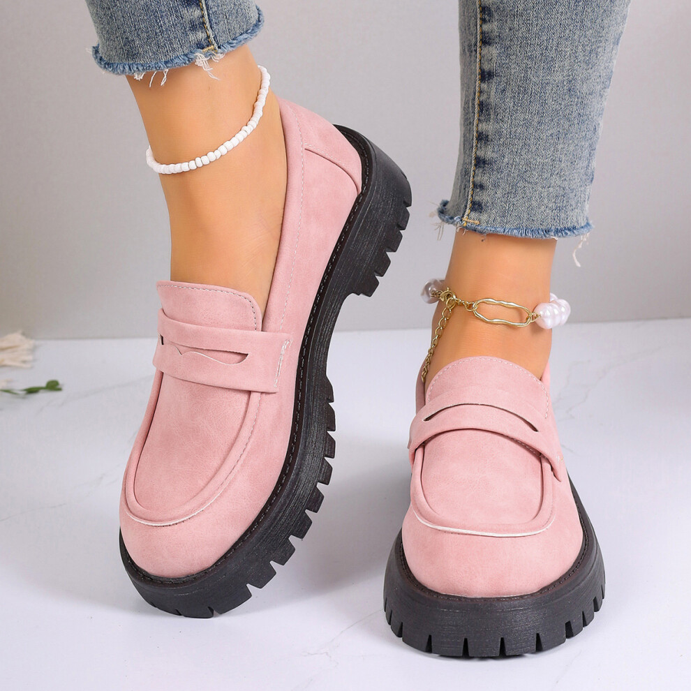 (Pink, 41) Fashionable Loafers Comfortable For Women Retro Design Casual Shoes With Chunky Heel In Multiple Colors For Fall