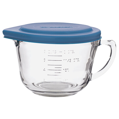 Anchor Hocking Rührschüssel, 2 Quart Glas-Mischschüssel mit blauer Abdeckung