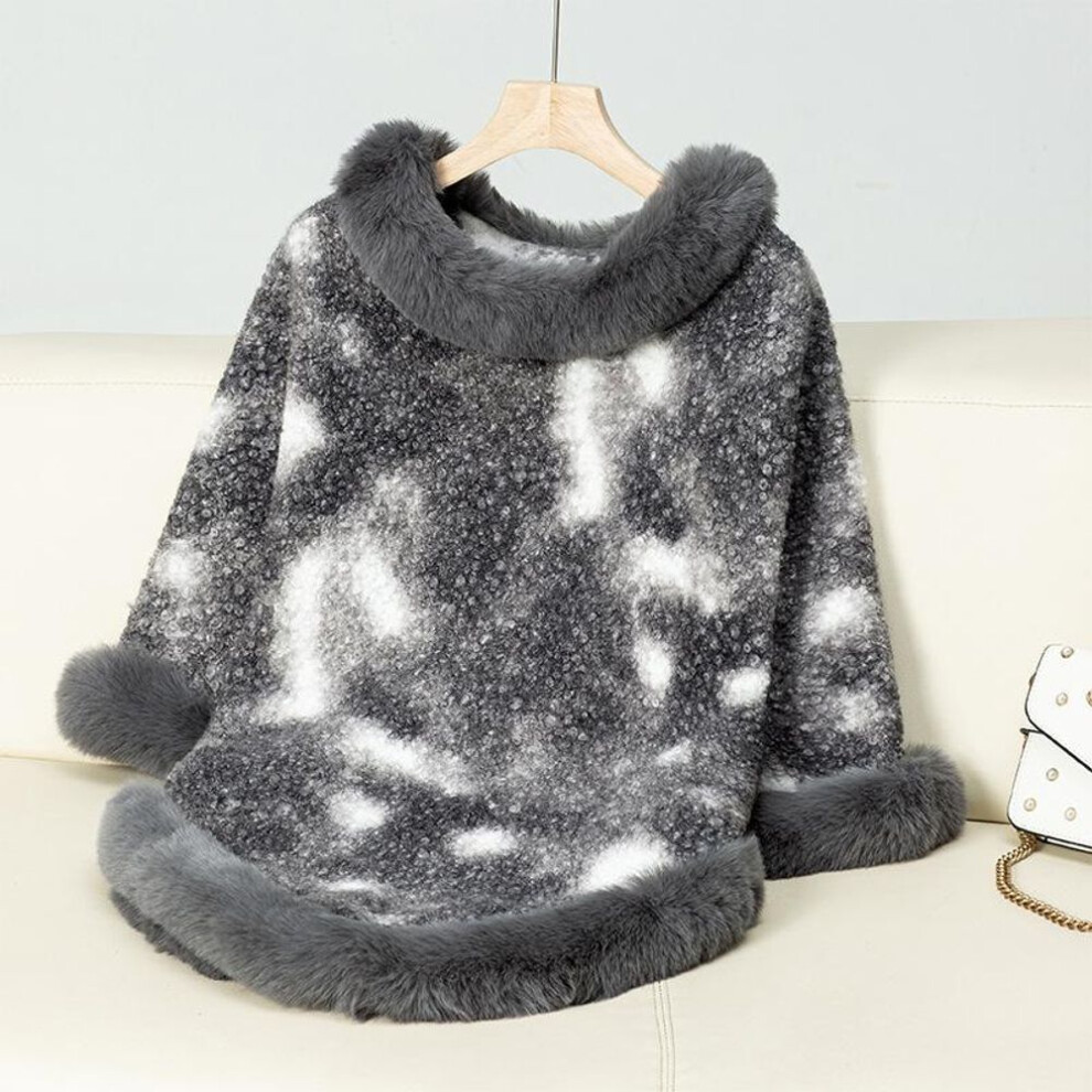 (gray, One Size) Women&apos;s Casual Poncho Faux Fur Shawl Wrap Cape With Faux Fur Trim Winter Sleeveless Cloak Coat Warm Pullover Luxury Knitted Sweater Poncho For Wo