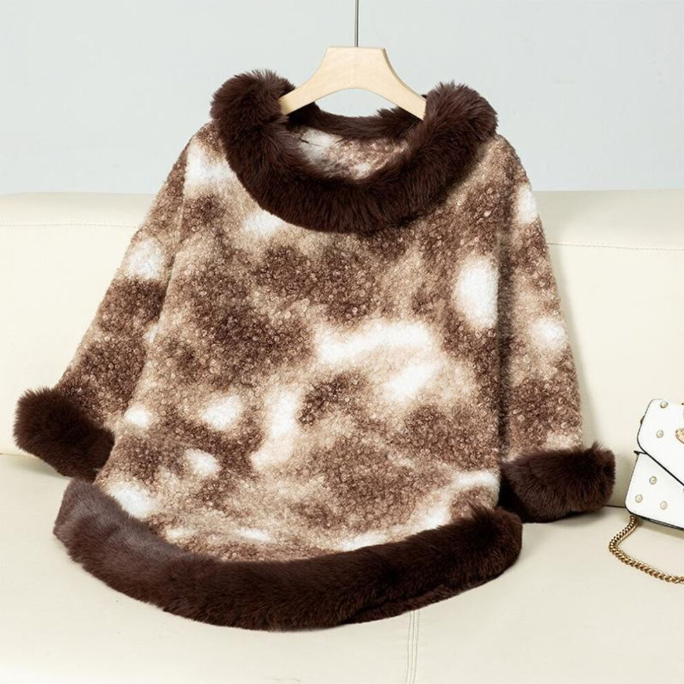 (coffee, One Size) Women&apos;s Casual Poncho Faux Fur Shawl Wrap Cape With Faux Fur Trim Winter Sleeveless Cloak Coat Warm Pullover Luxury Knitted Sweater Poncho For Wo