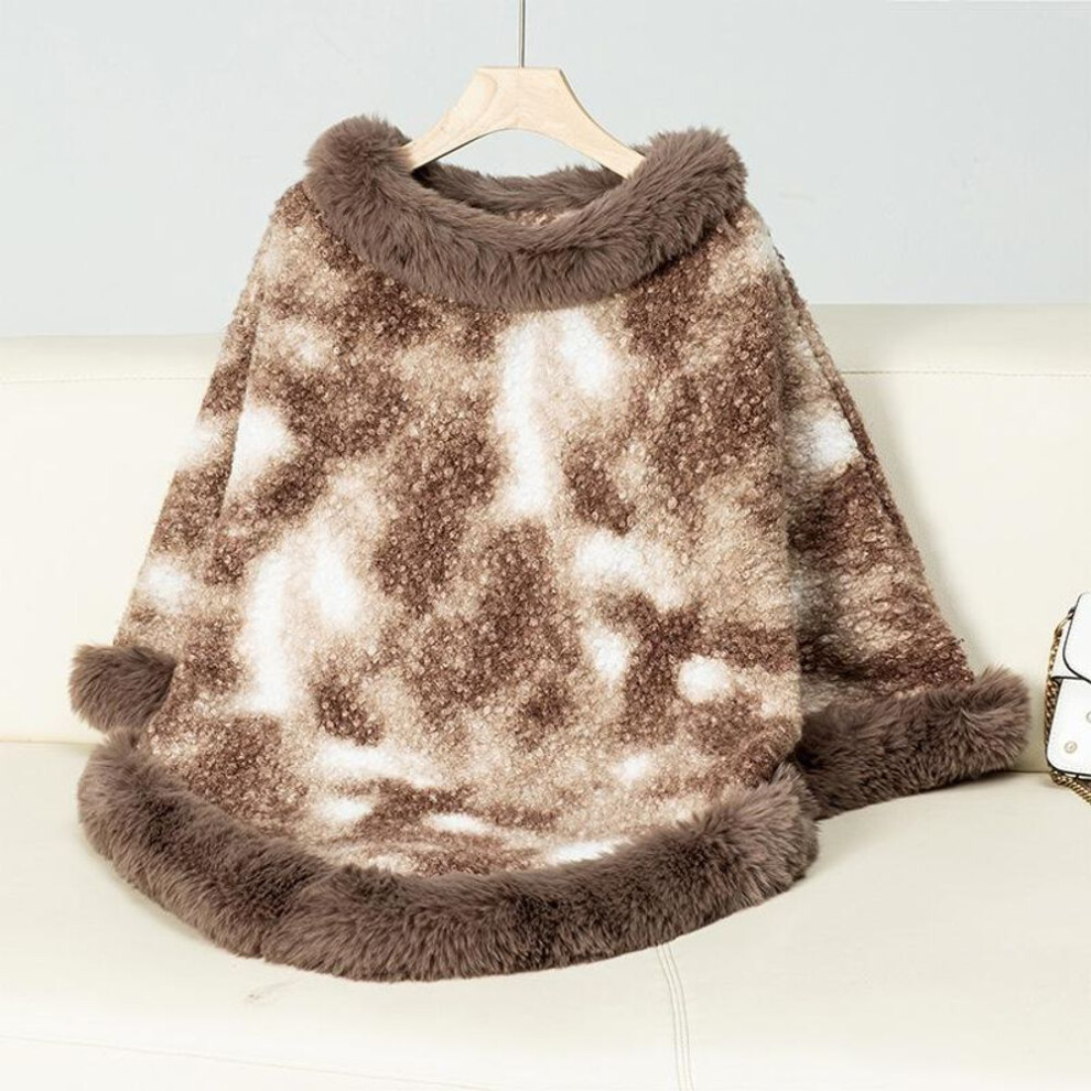 (khaki, One Size) Women&apos;s Casual Poncho Faux Fur Shawl Wrap Cape With Faux Fur Trim Winter Sleeveless Cloak Coat Warm Pullover Luxury Knitted Sweater Poncho For Wo