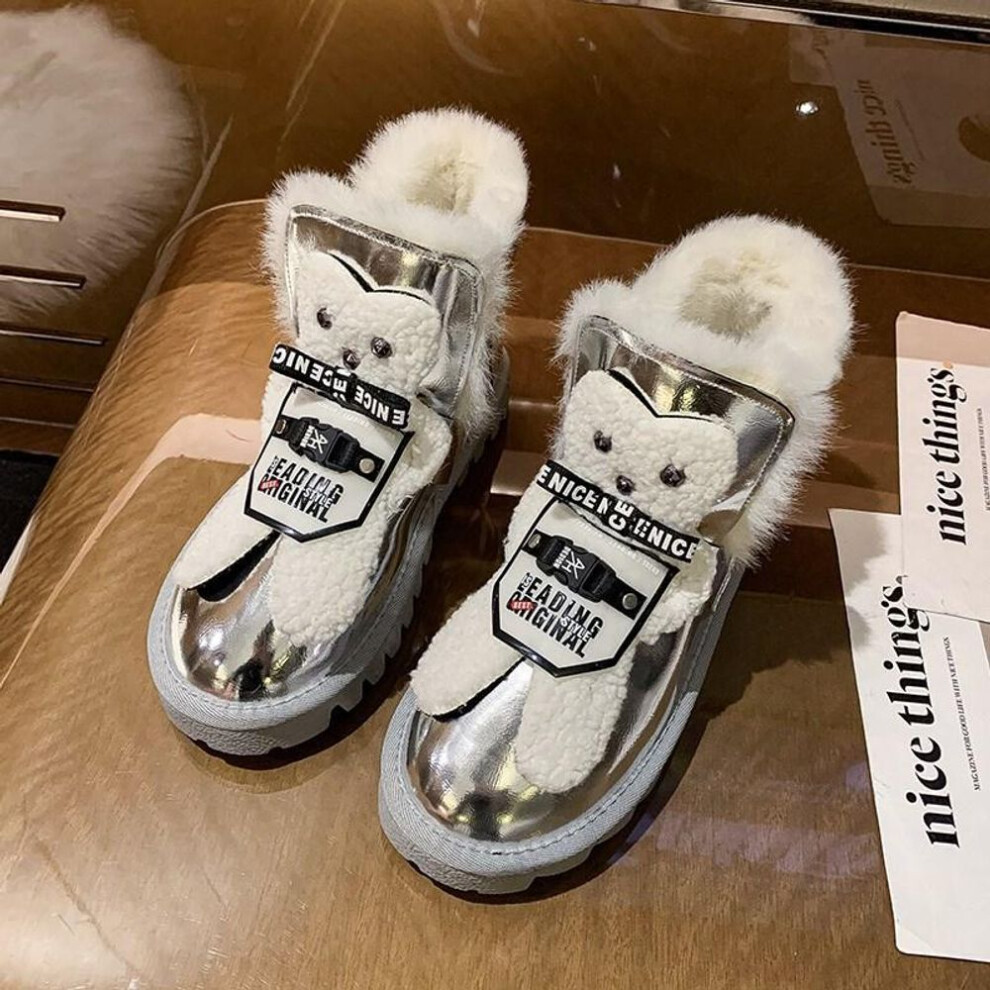 (silver, 37) Women&apos;s Winter Faux Fur Lined Ankle Boots Outdoor Warm Fleece Lined Short Boots Casual Non-slip Faux Leather Snow Booties High-top Shoes For Fema