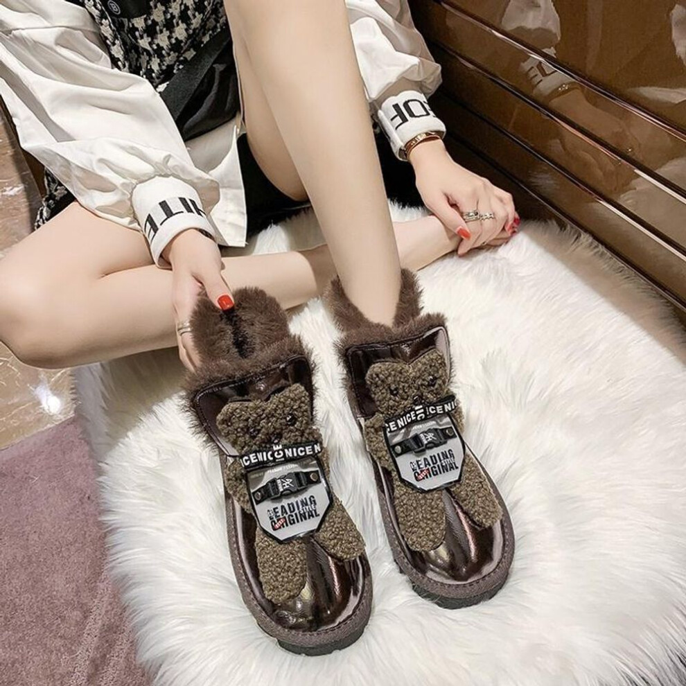 (as the picture, 36) Women&apos;s Winter Faux Fur Lined Ankle Boots Outdoor Warm Fleece Lined Short Boots Casual Non-slip Faux Leather Snow Booties High-top Shoes For Fema