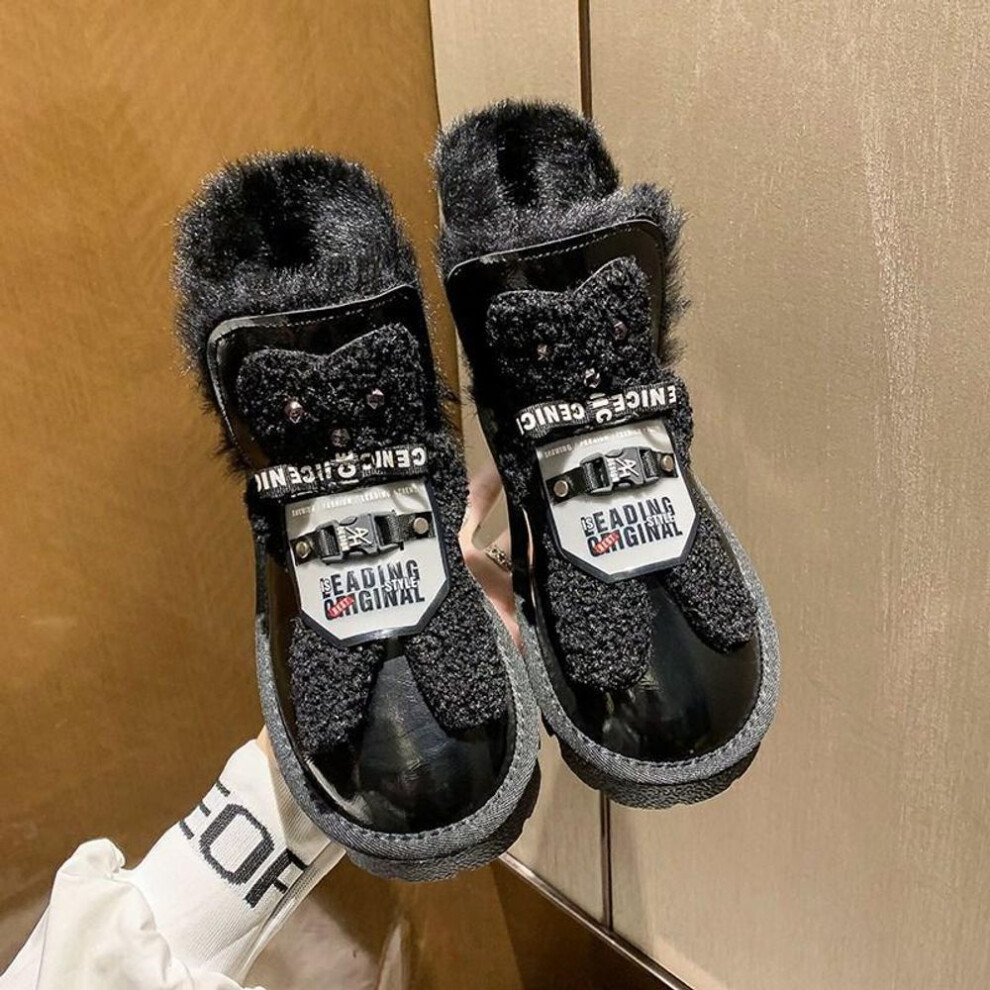 (black, 36) Women&apos;s Winter Faux Fur Lined Ankle Boots Outdoor Warm Fleece Lined Short Boots Casual Non-slip Faux Leather Snow Booties High-top Shoes For Fema