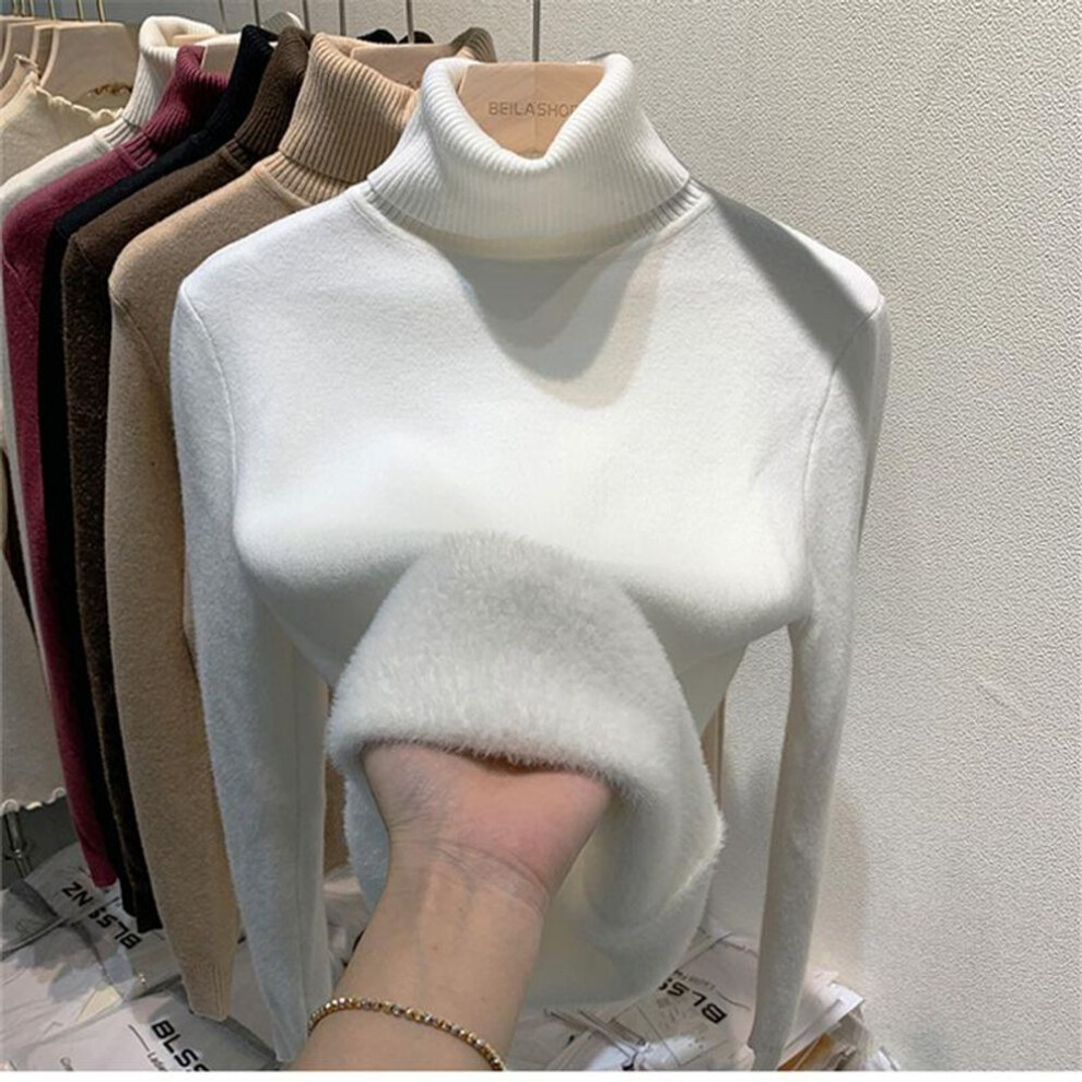 (One Size, white) Long Sleeve Turtleneck Pullover Sweater Women Autumn Plush Warm Winter Thick Base Women&apos;s Knitted Sweaters Female Elegant Solid Fashion Knitwear