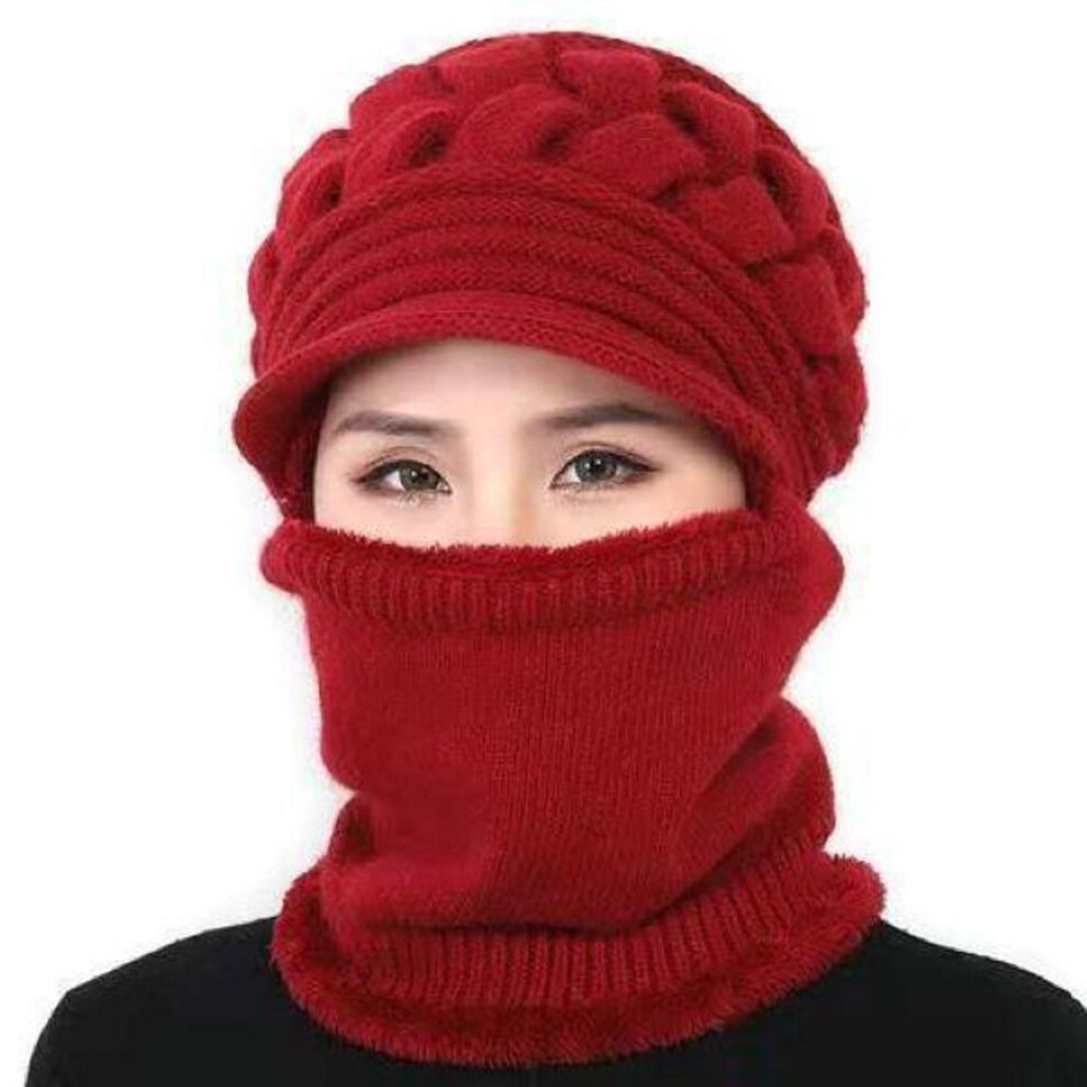 (red, 1PCS) Women&apos;s Winter Warm One-Piece Hat Scarf Thickening Warm Plush Lined Windproof Cycling Hat Knitted Fur Scarf Crochet Cap Christmas Gifts For Women