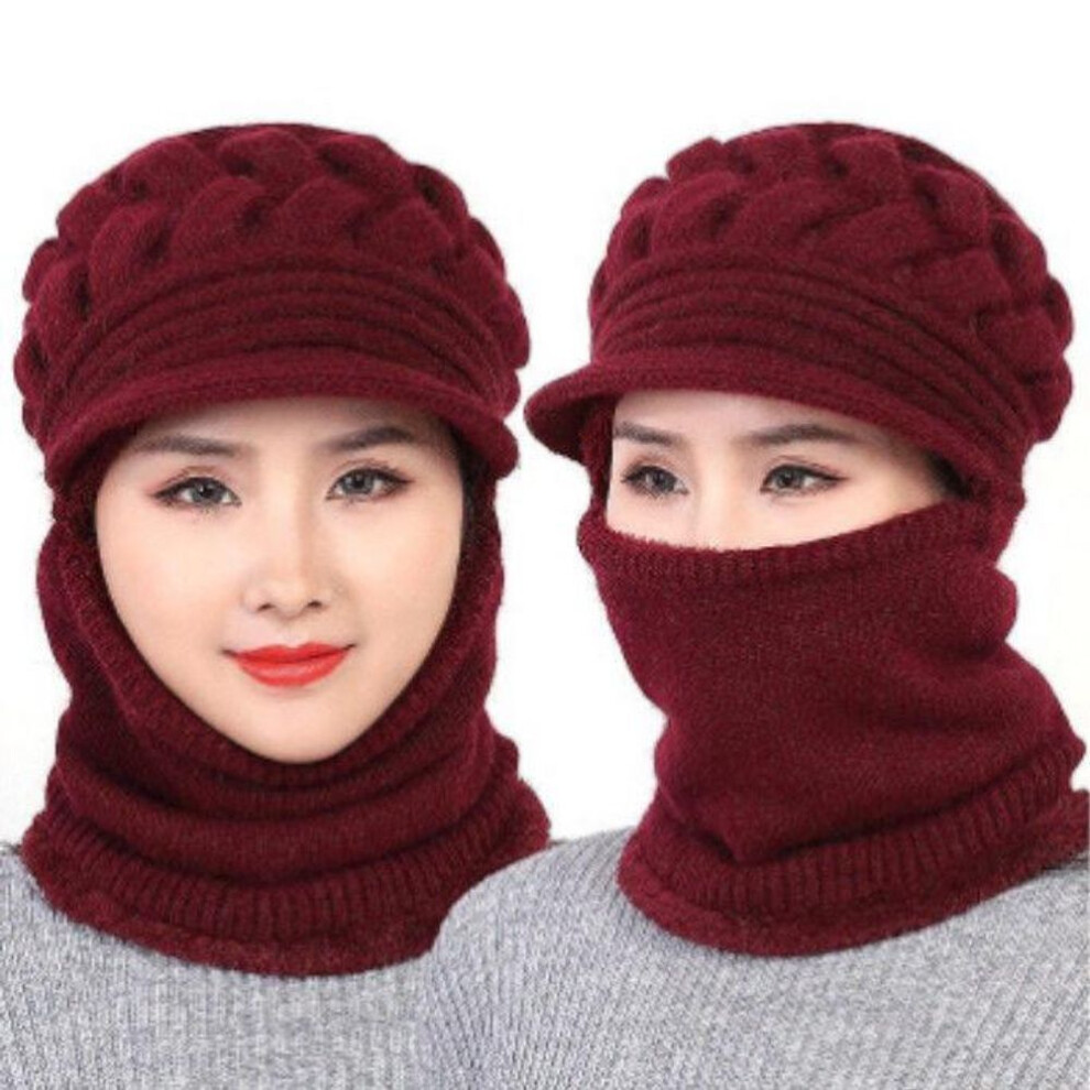 (claret, 1PCS) Women&apos;s Winter Warm One-Piece Hat Scarf Thickening Warm Plush Lined Windproof Cycling Hat Knitted Fur Scarf Crochet Cap Christmas Gifts For Women