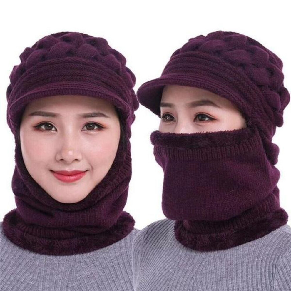 (dark purple, 1PCS) Women&apos;s Winter Warm One-Piece Hat Scarf Thickening Warm Plush Lined Windproof Cycling Hat Knitted Fur Scarf Crochet Cap Christmas Gifts For Women