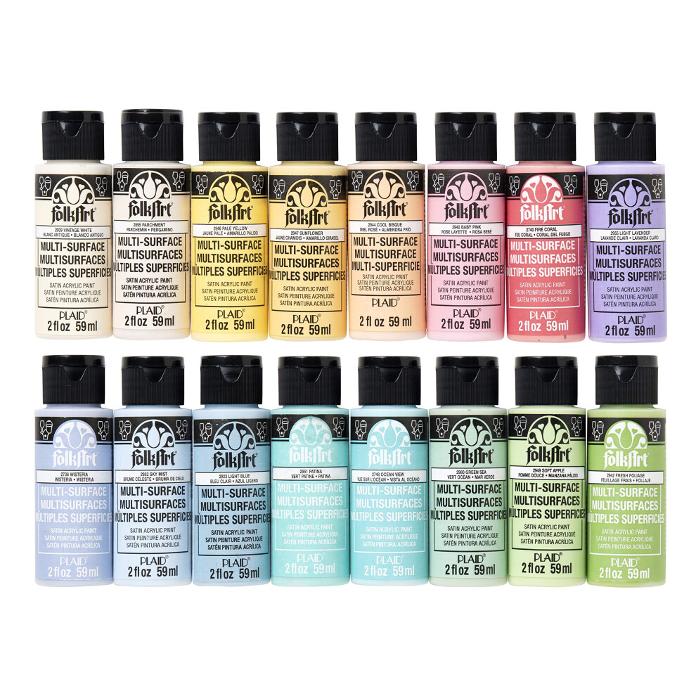 FolkArt Multi Surface Acrylic Paint Set Pastel Colors  Count  2 Fl Oz Pack of 16