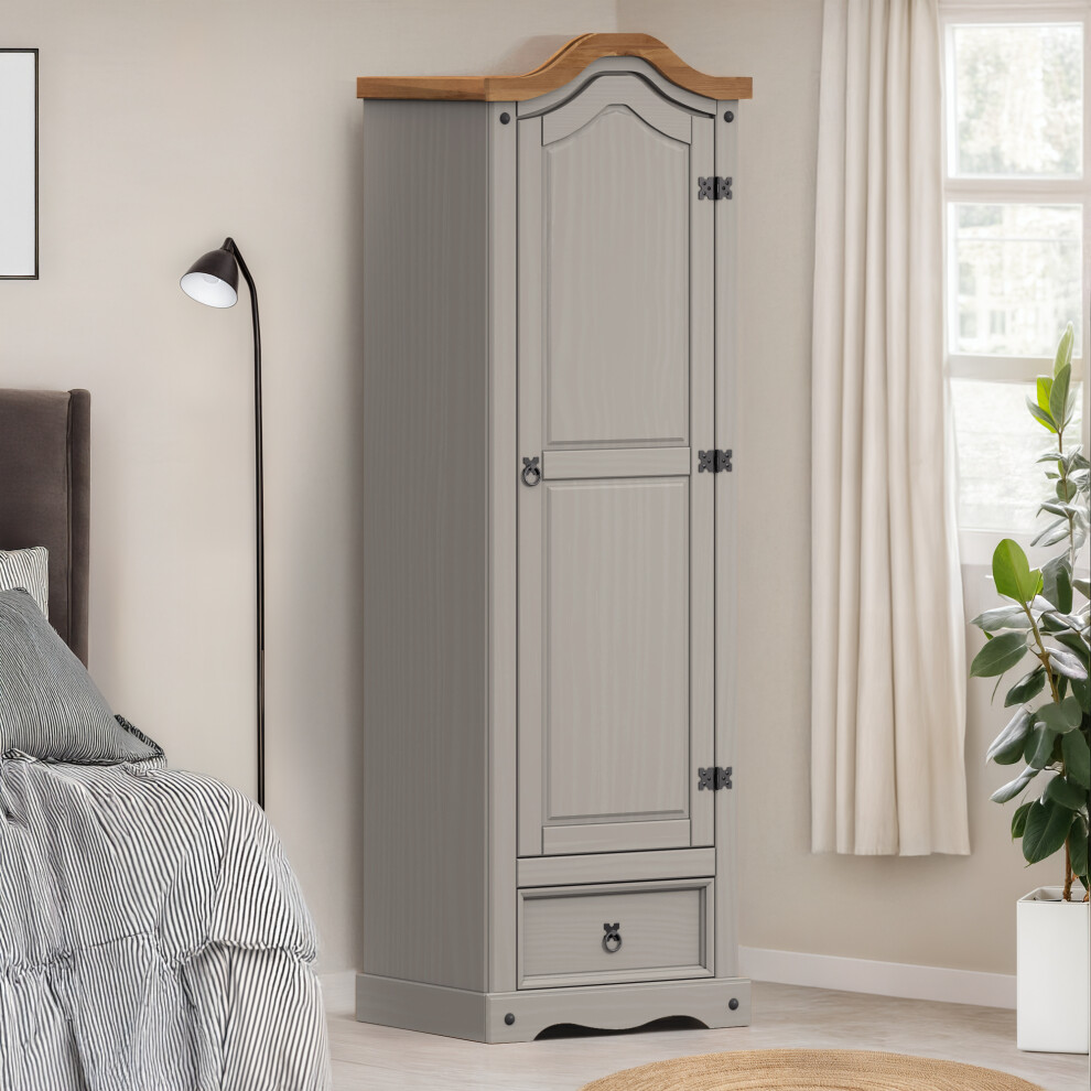 Corona Grey Wax 1 Door 1 Drawer Arch Top Wardrobe Bedroom Furniture
