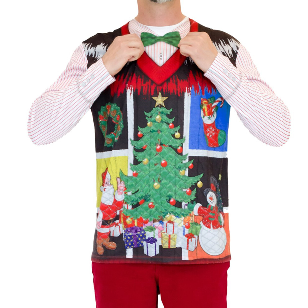 Faux Real Men's 3D Photo-Realistic Ugly Christmas Sweater Long Sleeve T-Shirt  Noel Vest Bow Tie  Large