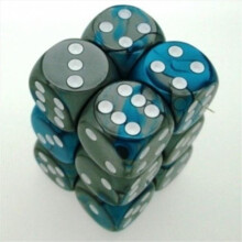 Chessex Manufacturing 26656 D6 Cube Gemini Set Of 12 Dice- Steel & Teal With White Numbering - 16 mm