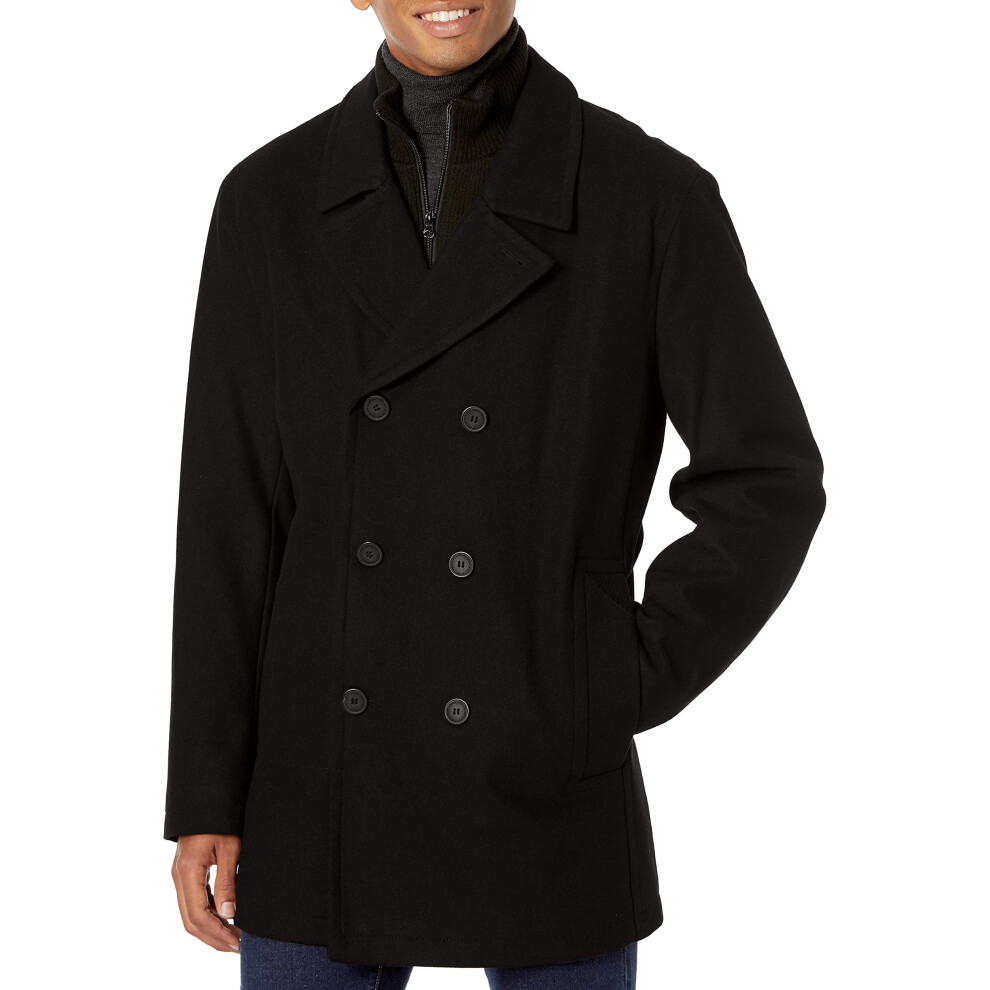 Andrew Marc Men's Burnett Melton Wool Pea Coat Jacket  Black  Medium