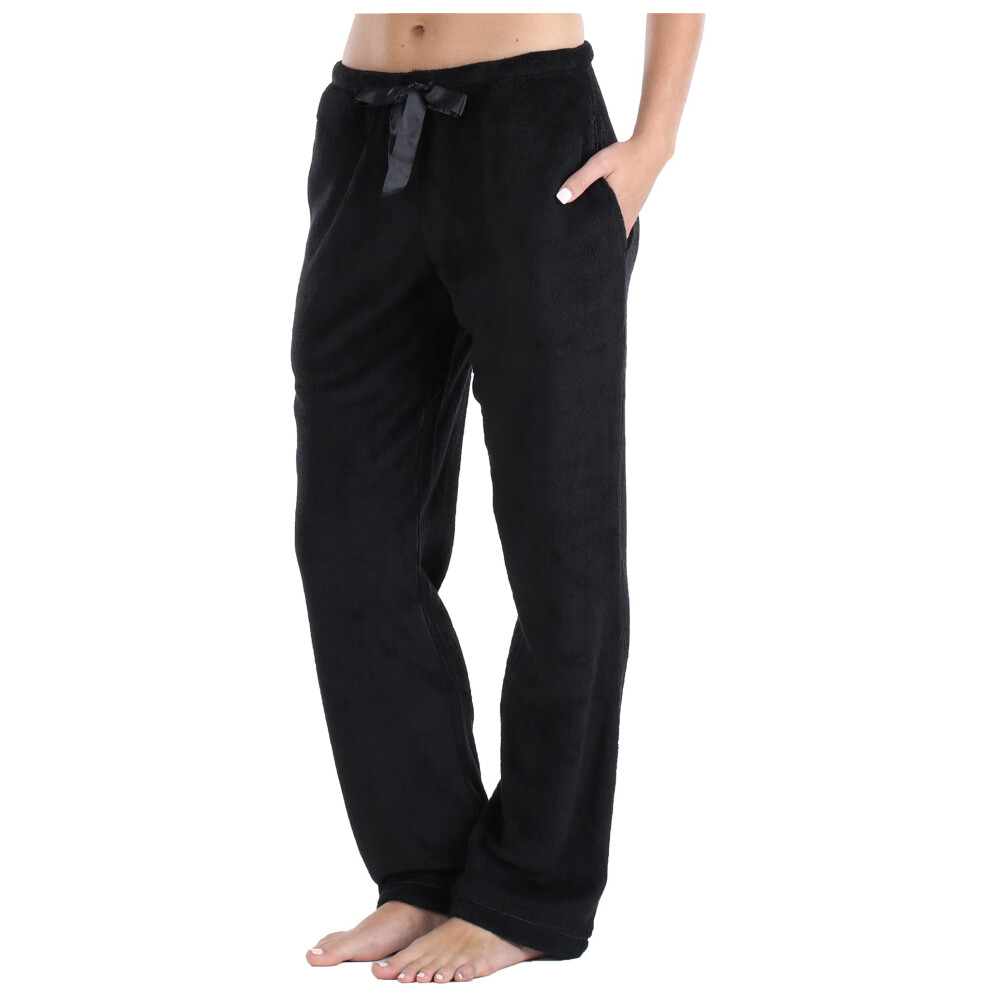 PajamaMania Women's Fleece Pajama Pants with Satin Drawstring, Solid Black, X-Small